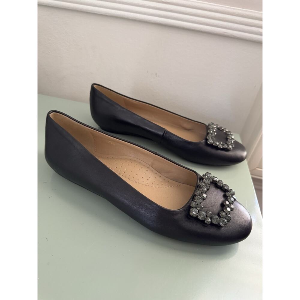 $185 Neiman Marcus Women's Black Jeweled Leather‎ Ballet Flats Shoes 7.5 EUC